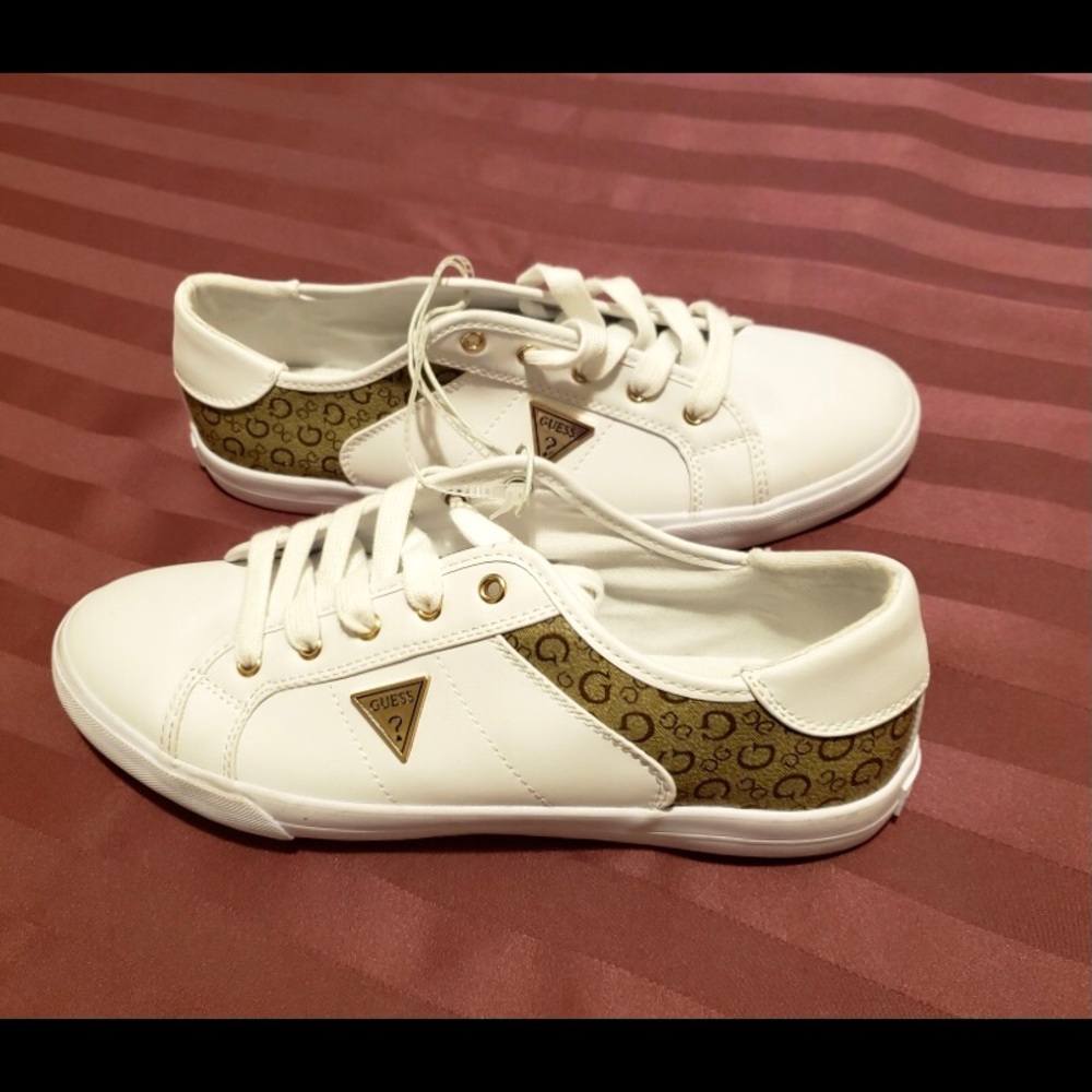 Guess Comfy Lace-Up White & Gold Sneakers, Size 10